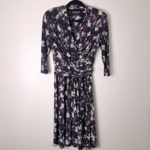 Jessica Howard Faux Wrap Dress Size 12 Purple and Black 3/4 Sleeve Belt Tie